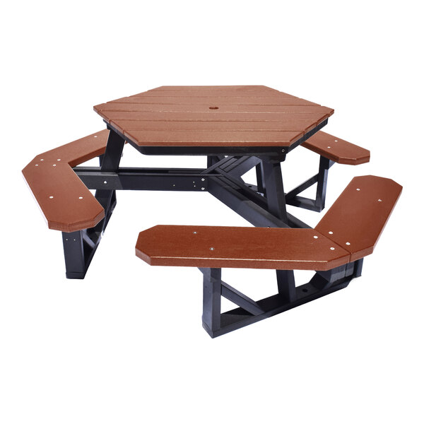 A hexagonal picnic table with attached benches, featuring a brown wood-like surface and black supports.