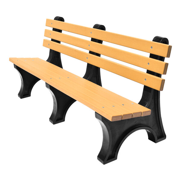 A wooden slat bench with a backrest and black curved supports.