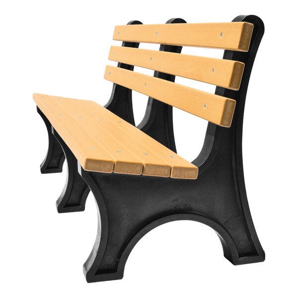 A wooden slat bench with a black, curved frame and light-colored seat and backrest slats.