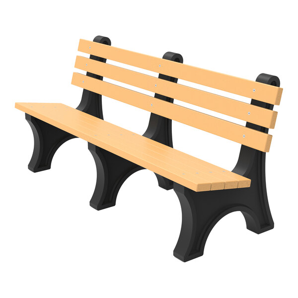 A wooden slat bench with a backrest and black curved supports.