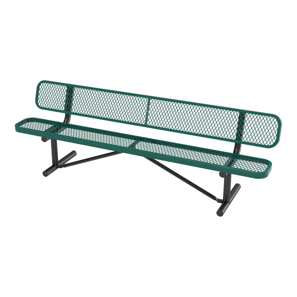 A green metal bench with a mesh seat and backrest, supported by black metal legs and frame.