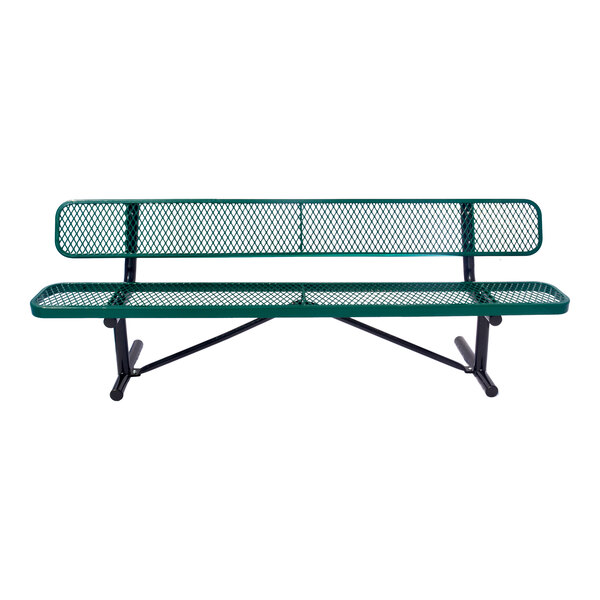 A green metal bench with a mesh design and black legs, viewed from the front.