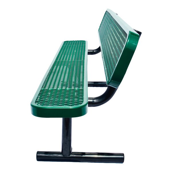 A green metal bench with a perforated seat and backrest, supported by black metal legs.