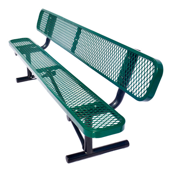 A green metal bench with a mesh design and a backrest, supported by black metal legs.