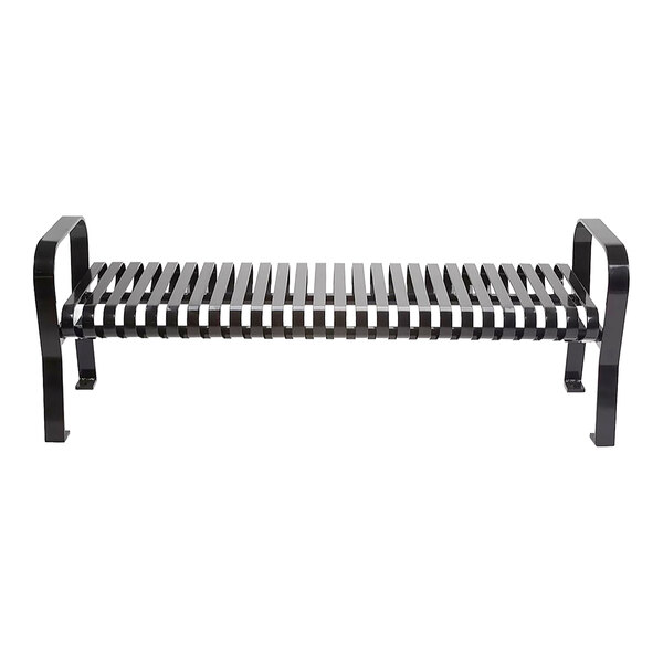 A black metal bench with a slatted seat and curved armrests, shown against a white background.