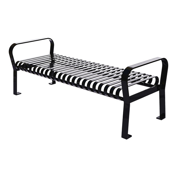 A black metal bench with slatted seat and curved armrests, shown against a white background.
