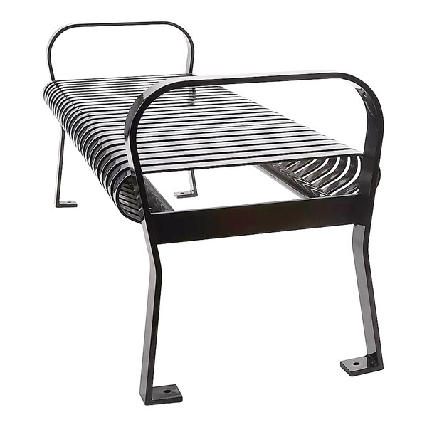 A black metal bench with slatted seat and curved armrests, shown on a white background.