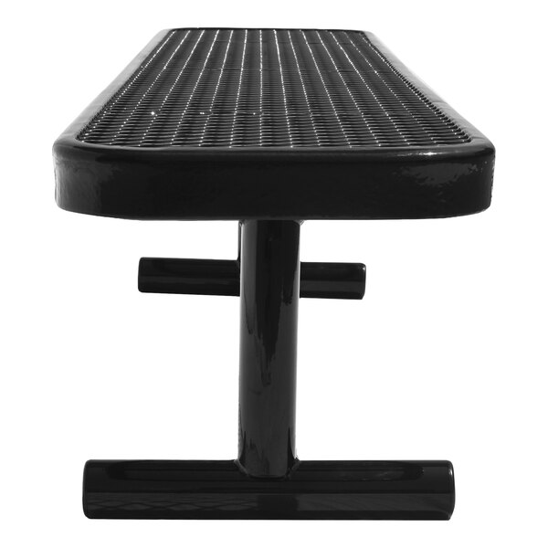 A black metal bench with a grid-patterned seat and a sturdy central support base, viewed from the end.