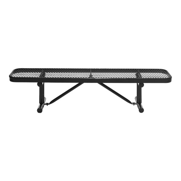 A black metal bench with a mesh seat and no backrest, supported by sturdy legs and diagonal braces.