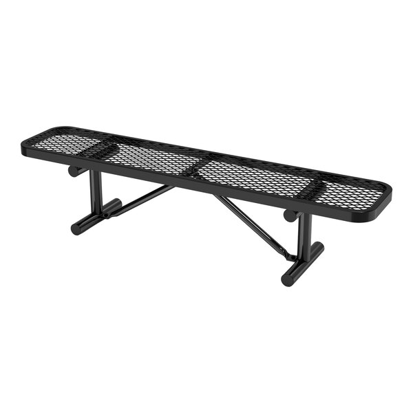 A black metal bench with a mesh seat and no backrest, supported by sturdy legs and crossbars.