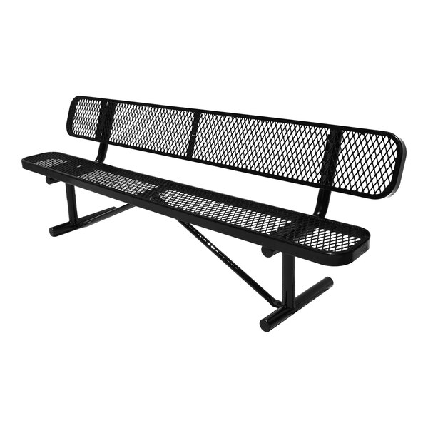 A black metal bench with a mesh design and backrest, supported by sturdy legs and a crossbar.