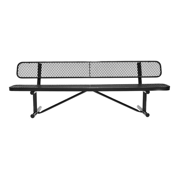 A black metal bench with a mesh seat and backrest, supported by angled legs.