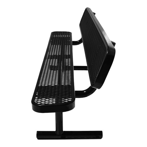 A black metal bench with a mesh seat and backrest, supported by sturdy legs, shown from a side angle.