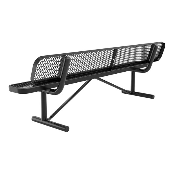 A black metal bench with a mesh seat and backrest, supported by tubular legs and a diagonal support bar.