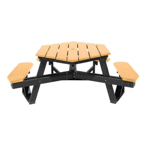 A hexagonal picnic table with a light wood-like top and benches, supported by a black frame.