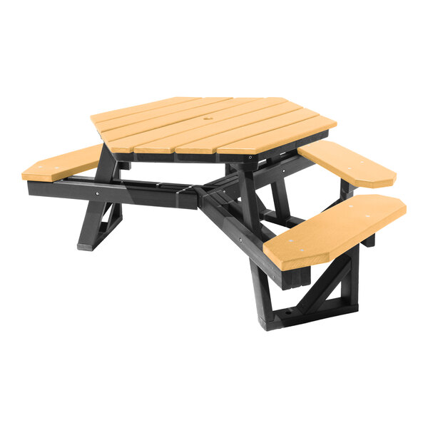 A hexagonal picnic table with attached benches, featuring a light wood-like top and seats with a black frame.