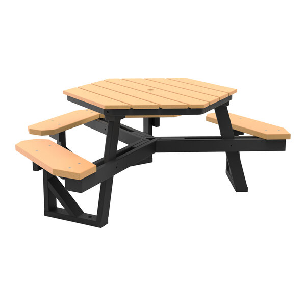 A hexagonal picnic table with attached benches and a black frame, featuring a light wood-like surface.