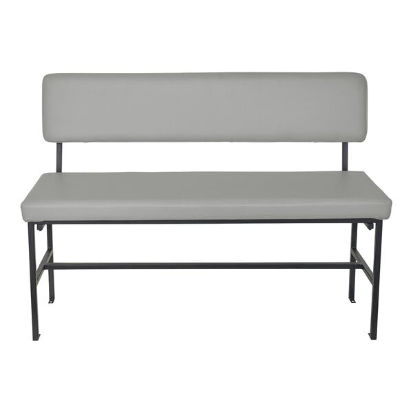 A modern bench with a gray upholstered seat and backrest, supported by a black metal frame.