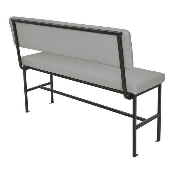 A bench with a gray upholstered seat and backrest, supported by a black metal frame.