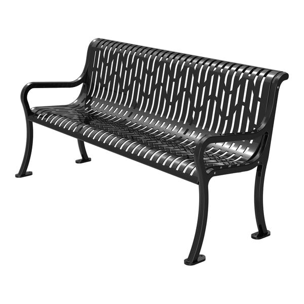 A black metal bench with a diamond-patterned seat and backrest, featuring curved armrests and legs.