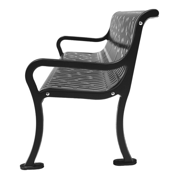 A side view of a black metal bench with a curved backrest and armrests, featuring a diamond-patterned seat and back.