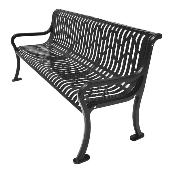 A black metal bench with a decorative, geometric cutout pattern on the seat and backrest, featuring armrests and a slightly curved design.
