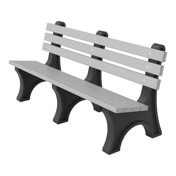 A gray bench with three horizontal slats for the backrest and seat, supported by three black arched legs.