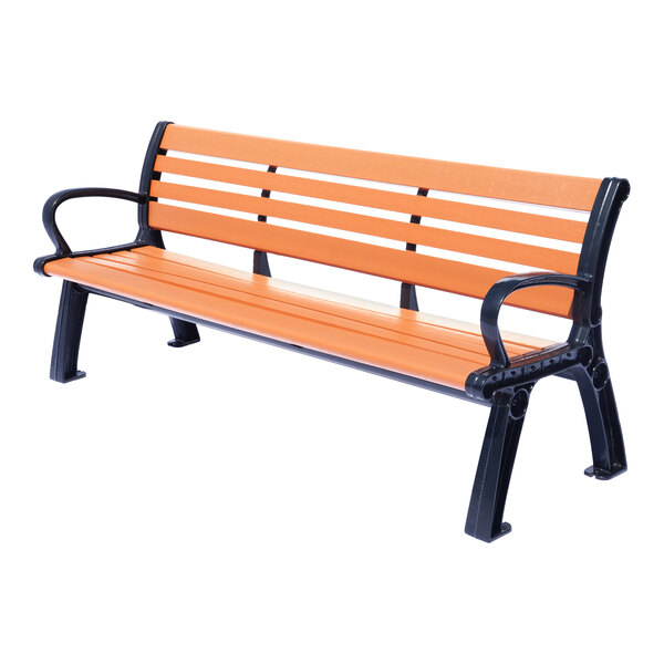A wooden slat bench with black metal legs and armrests, featuring a backrest and seating for multiple people.