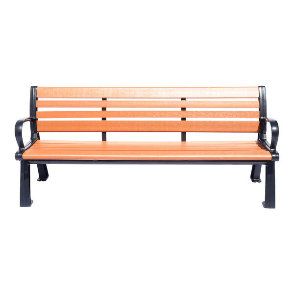 A wooden slat bench with black metal armrests and legs, viewed from the front.
