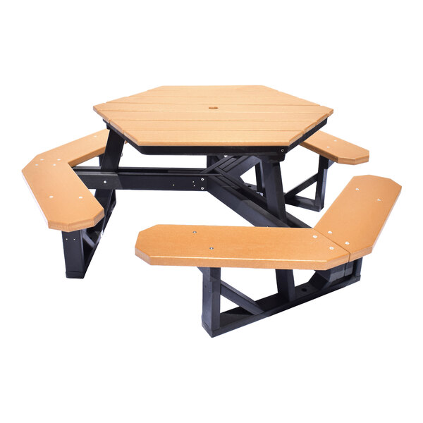 A hexagonal picnic table with attached benches, featuring a wood-like surface and black support frame.