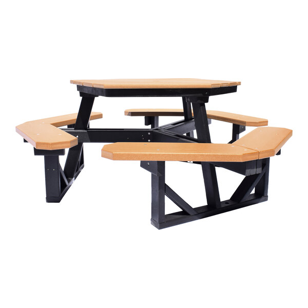 A hexagonal picnic table with attached benches, featuring a wood-like top and seats with black support frames.