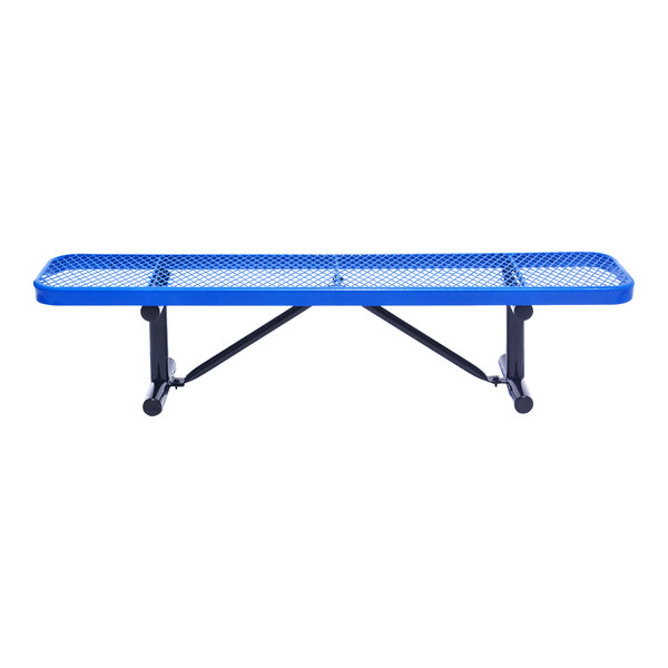 A blue metal bench with a mesh seat and black legs, shown from the front.