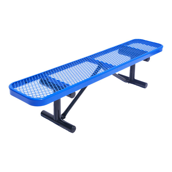 A blue metal bench with a mesh seat and black metal legs, shown without a backrest.