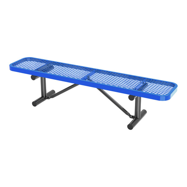 A blue metal backless bench with a mesh seat and black metal legs.