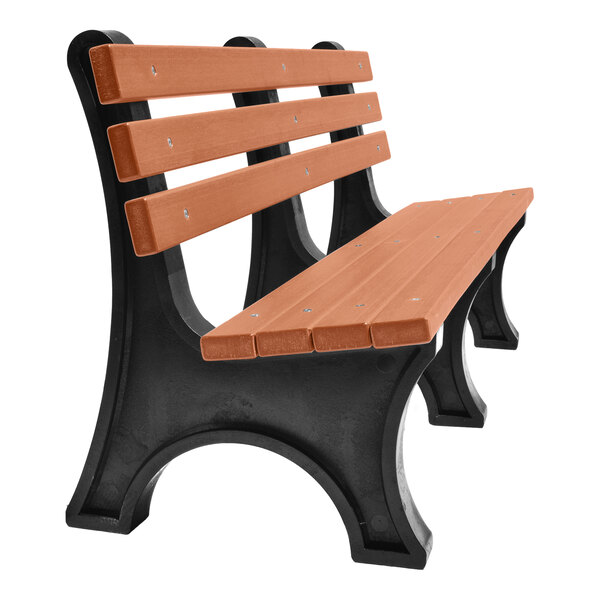 A bench with brown slats and black curved supports, shown from an angled side view.