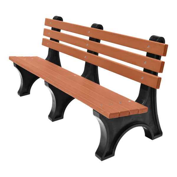 A brown bench with three horizontal slats for the backrest and three for the seat, supported by black curved legs.