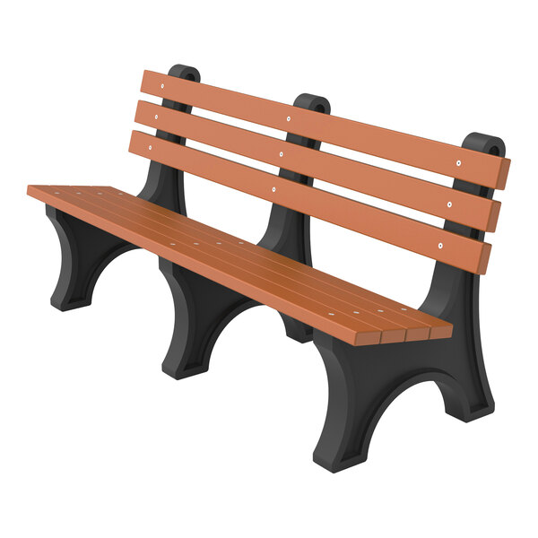 A brown bench with three horizontal slats for the backrest and seat, supported by black curved legs.