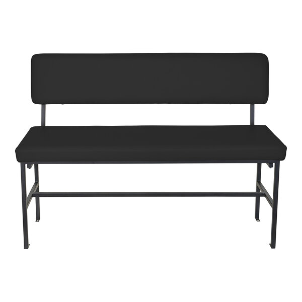 A black bench with a cushioned seat and backrest, supported by a simple metal frame with a matte black finish.