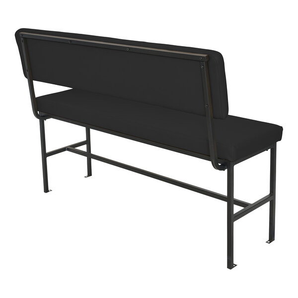 A black bench with a cushioned seat and backrest, supported by a metal frame with a matte black finish.