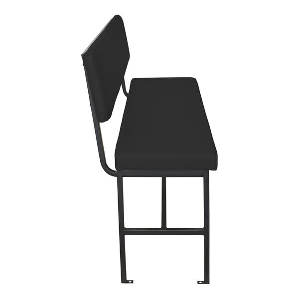 A side view of a bench with a black cushioned seat and backrest, supported by a black metal frame.
