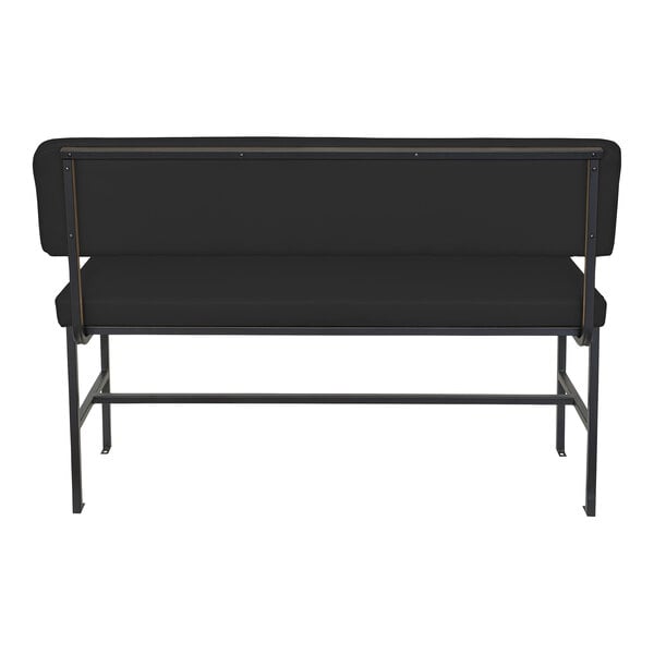 A black bench with a cushioned seat and backrest, supported by a metal frame with a matte black finish, viewed from the back.