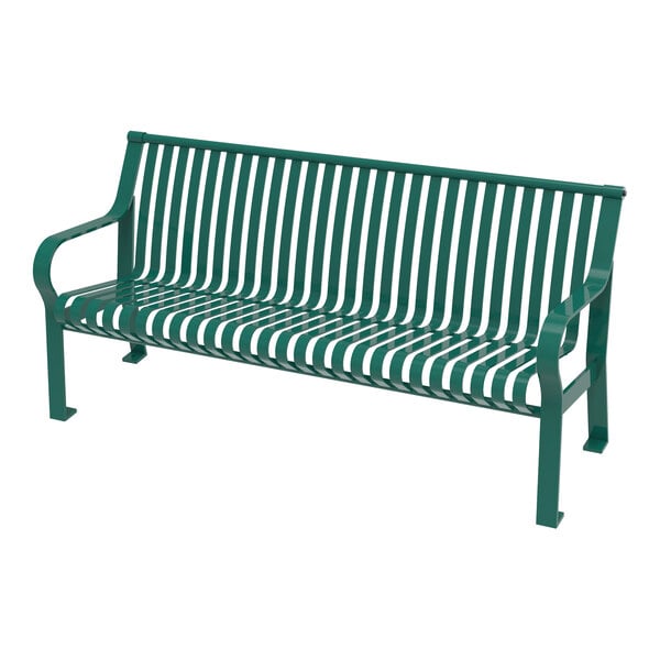 A green metal bench with vertical slats and armrests on both sides.