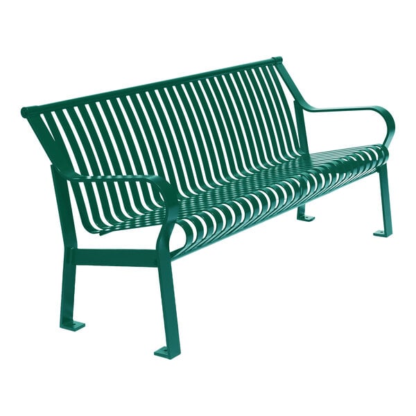 A green metal bench with slatted seat and backrest, featuring armrests on both sides.