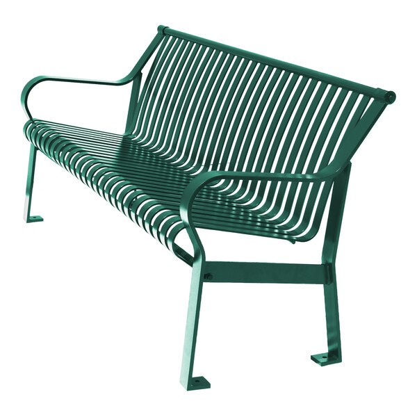 A green metal bench with slatted seat and backrest, featuring armrests and angled legs.