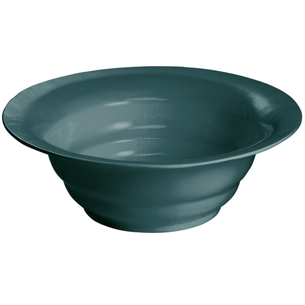 A Tablecraft hunter green cast aluminum salad bowl with a wide rim.