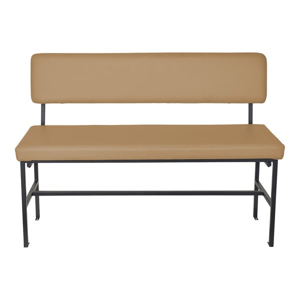 A tan upholstered bench with a backrest and a black metal frame.