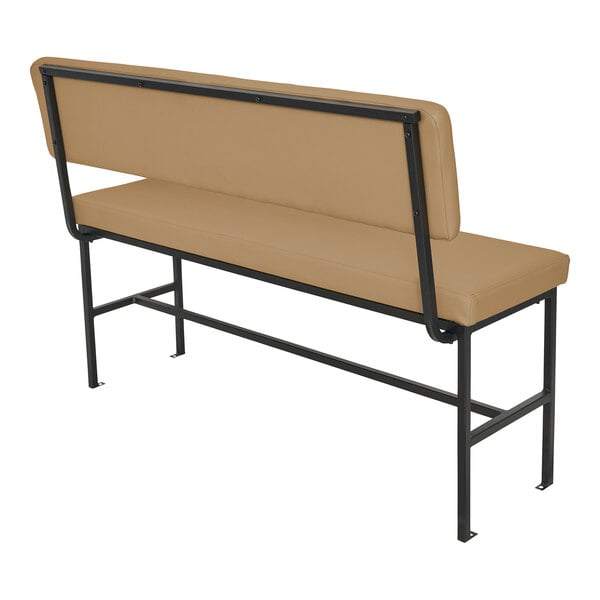 A bench with a tan upholstered seat and backrest, supported by a black metal frame.
