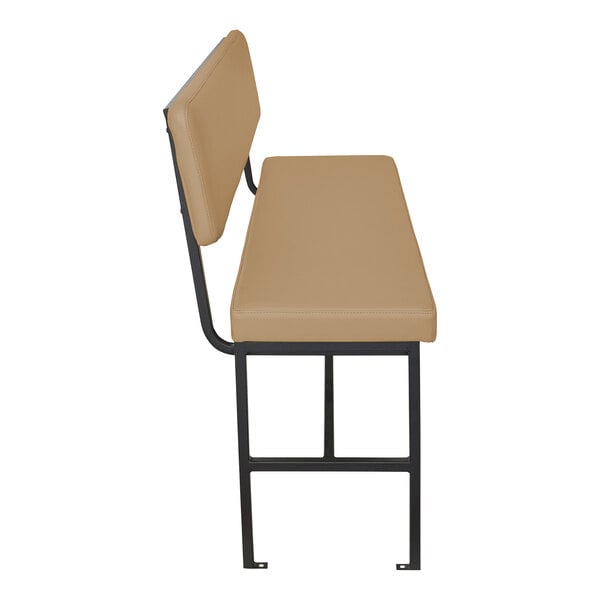 A side view of a bench with a tan cushioned seat and backrest, supported by a black metal frame.