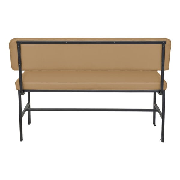A tan upholstered bench with a backrest and a black metal frame, viewed from the back.