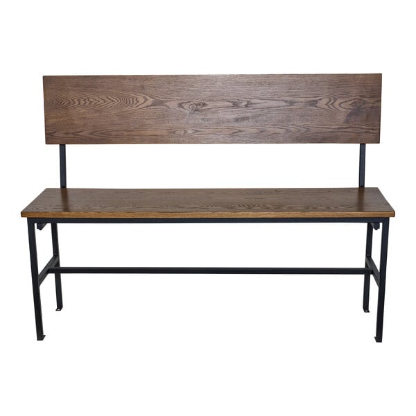 A wooden bench with a backrest and a black metal frame, featuring a simple and modern design.